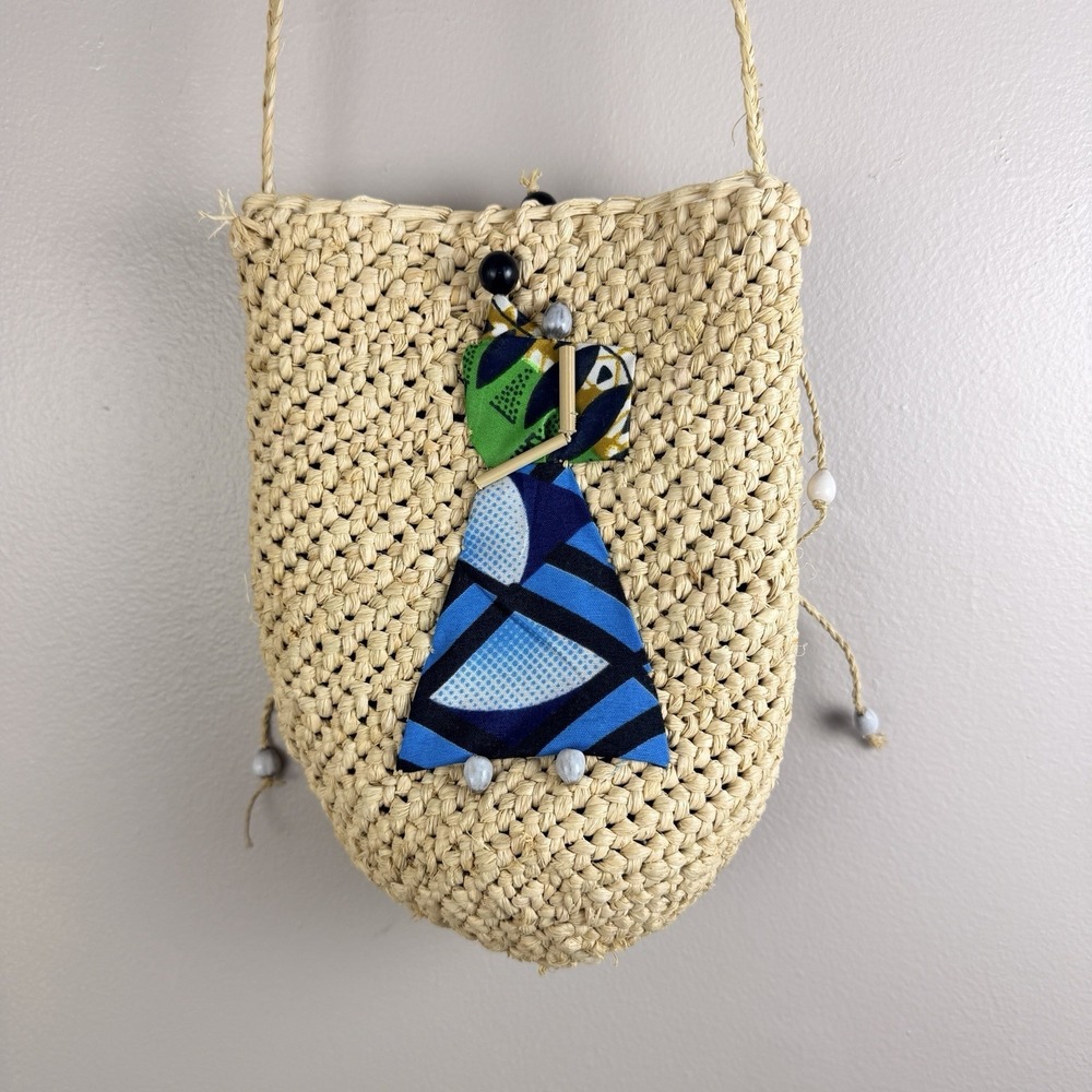 Vintage Handmade Woven Straw Purse Folk Art Appliqué Boho Crossbody Bag